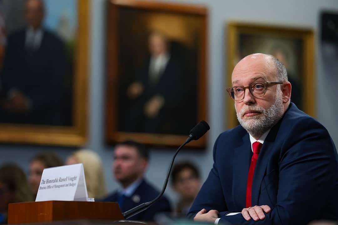 U.S. White House Office of Management and Budget Director Russell Vought testifying before a House Appropriations subcommittee on Capitol Hill in Washington, DC.